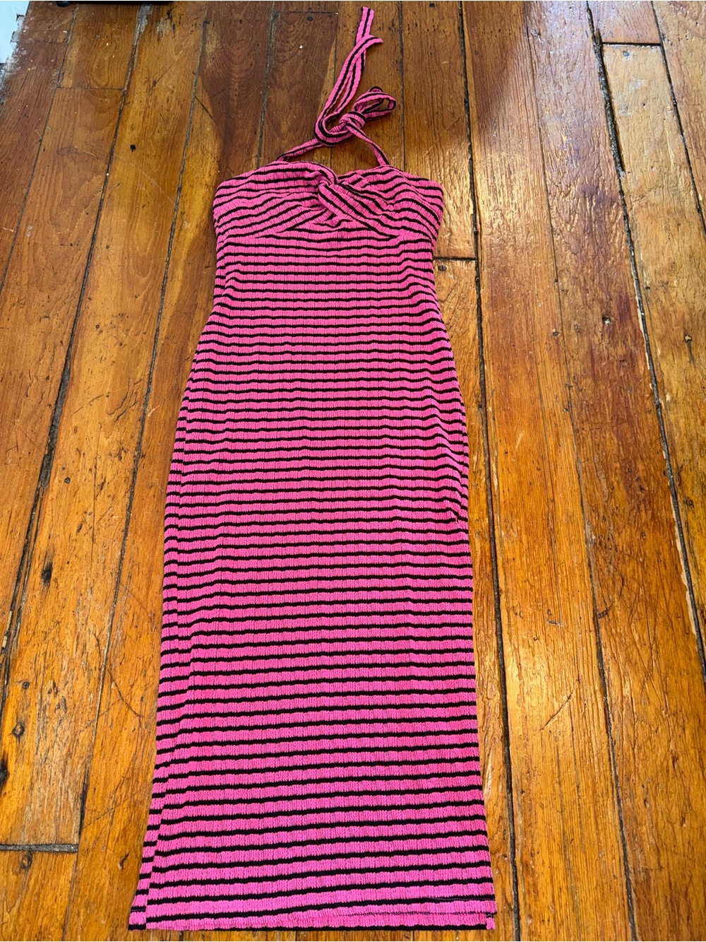 Pink & Black Striped Textured Halter Maxi Dress Twist Front Y2K